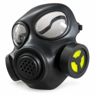 Gasmaske med gult strålingssymbol