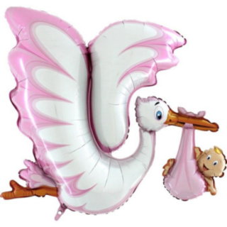 Stork Med Baby Folieballong Ljusrosa