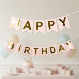 Happy Birthday Girlang Ljusrosa/Guld