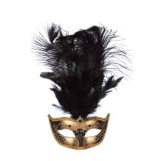 Venedig Mask Med Fjädrar Guld/Svart