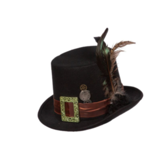 Steampunk Hög Hatt Med Fjäder Svart