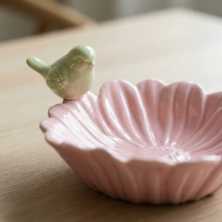 Porslin Blomskål Med Fågel Ljusrosa