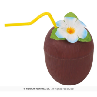 Kokosnötsmugg med sugrör och blomma