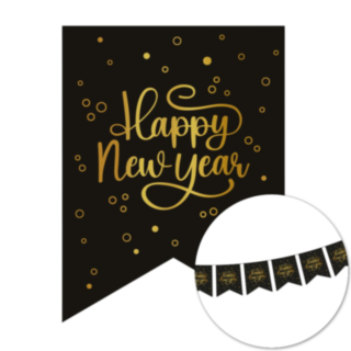 Happy New Year Vimpelgirlang Svart/Guld