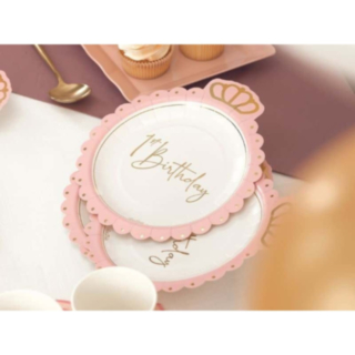 1st Birthday Krona Papperstallrikar Ljusrosa/Guld