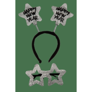 Happy New Year Hårband & Stjärnglasögon Silver