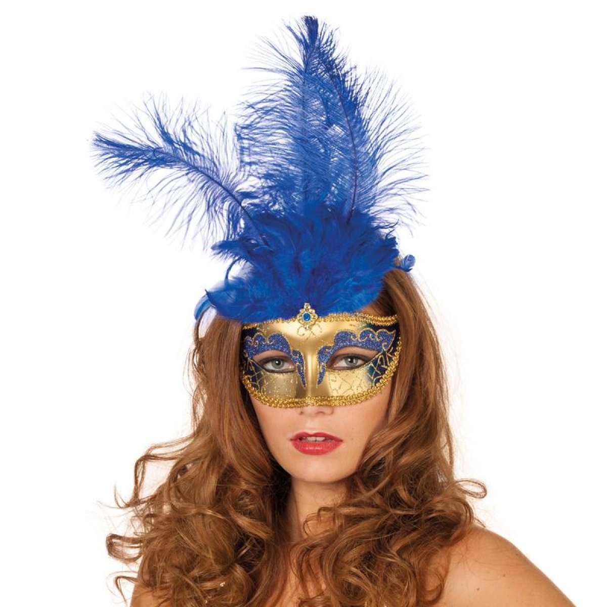 Ögonmask Paljett Blå med Fjädrar main image 0