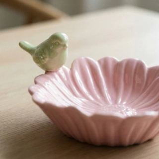 Porslin Blomskål Med Fågel Ljusrosa