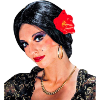 Carmen-peruk med röd blomma