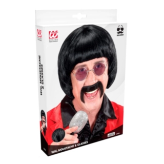Svart 60-tals perukset med mustasch & glasögon
