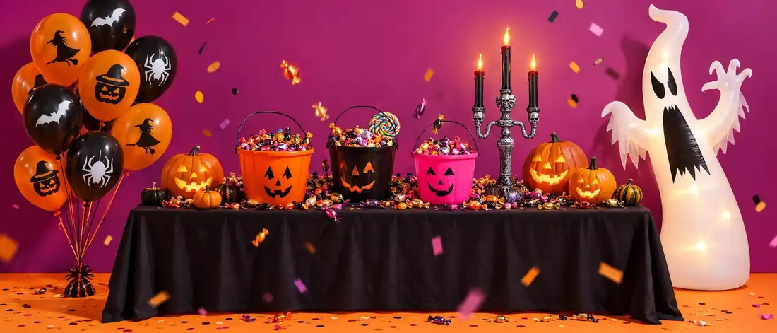 Halloweenfest med godishinkar, ballonger och ett uppbl&aring;sbart sp&ouml;ke